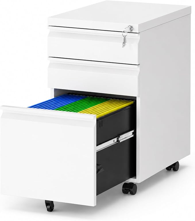 SAWJEC 3 Drawer File Cabinet with Lock, White Metal Filing Cabinet for Home Office, Fully Assembled, Vertical Locking File Cabinet with Letter Legal A4 Size Hanging Files, 15" W x 17" D x 24" H