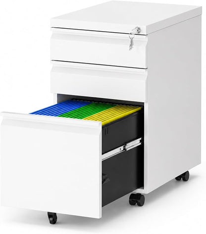SAWJEC 3 Drawer File Cabinet with Lock, White Metal Filing Cabinet for Home Office, Fully Assembled, Vertical Locking File Cabinet with Letter Legal A4 Size Hanging Files, 15" W x 17" D x 24" H