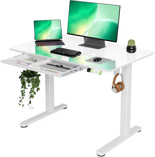 INNOVAR Glass Standing Desk with Drawers, 40×24 Inch Adjustable Stand Up Desk Quick Install Home Office Computer Desk, Super White
