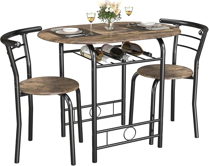 JUMMICO 3-Piece Wooden Round Table & Chair Set, Space Saving Kitchen Breakfast Nook Wood Grain Tabletop with Metal Frame and Built-in Wine Rack for Kitchen, Dining Room (Walnut/Black)