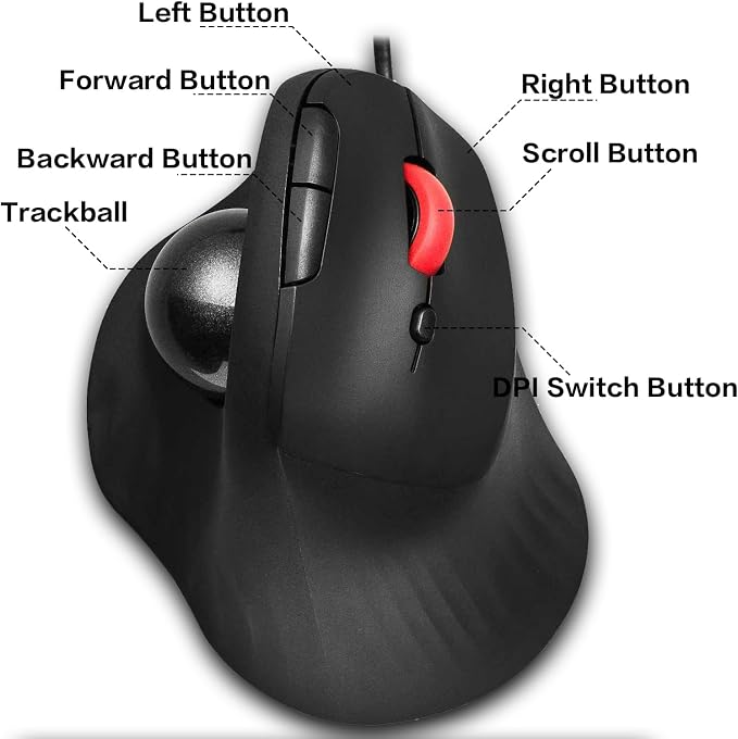 JOMAA Wired Trackball Mouse – 6-Button Ergonomic Design with CPI Switch (400/800/1200/1600), Red LED Indicator, 250Hz Polling Rate, Plug & Play, for PC, Laptop, Desktop (Black)