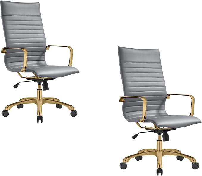 LeisureMod Harris High-Back Task Office Chair - Modern Leather Upholstery with Gold Frame, Ribbed Design 360 Degree Adjustable Swivel for Home, Office, and Study Room