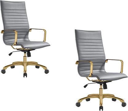 LeisureMod Harris High-Back Task Office Chair - Modern Leather Upholstery with Gold Frame, Ribbed Design 360 Degree Adjustable Swivel for Home, Office, and Study Room
