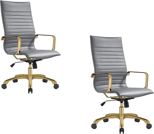 LeisureMod Harris High-Back Task Office Chair - Modern Leather Upholstery with Gold Frame, Ribbed Design 360 Degree Adjustable Swivel for Home, Office, and Study Room