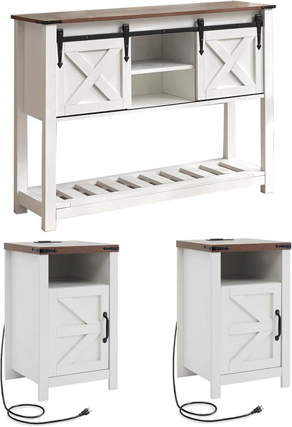 3 Piece Living Room Tables Set of 3, Farmhouse Entryway Table with Storage and End Tables with Charging Station, Sliding Door Console Table Set, Rustic Sofa Set for Hallway, White