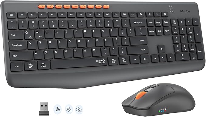 MEETION Wireless Keyboard and Mouse, Silent Full Size Multi-Device Bluetooth Keyboard and Mouse, 9 Multimedia Hotkeys, 3200 DPI Optical Mouse, 90% Less Noise, for Windows Mac PC Desktop Laptop, Black