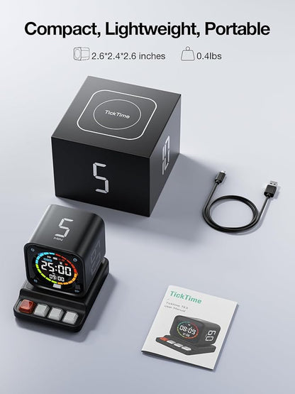 TK3 Pomodoro Timer Cube, Desk Productivity Timer with 5/10/30/60 Min Presets, Custom Countdown, Stopwatch, Clock, 3 Alarm, Silent, Vibrate & Sound Mode, for Task, ADHD, Study, Kitchen,Obsidian Black