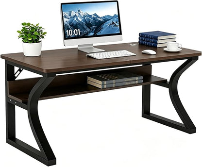 55 inch Computer Desk, Home Office Desk with Storage Shelf, Sturdy U-Shaped Metal Frame Study Table with Cable Management, Gaming Desk for Office & Bedroom (Deep Walnut, 55inch)