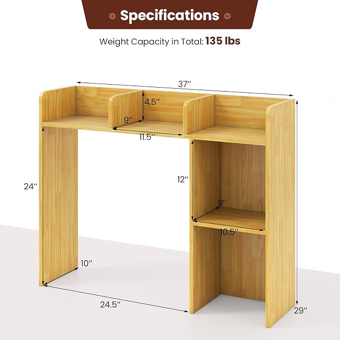 GOFLAME 5 Shelves Desktop Bookshelf, Wood Desk Hutch Dorm for Computer Desk, Countertop Display Rack, 3-Tier Desk Storage Organizer Shelf for Dormitory, Home Office, Study, Burlywood