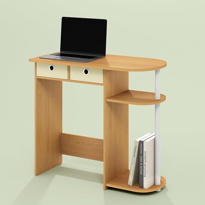 Ipoh Home Computer Desk, 32 Inch Writing Desk, Study Desk with Side Shelves and Bin Storage, for Home Office, Study Room, Natural/White