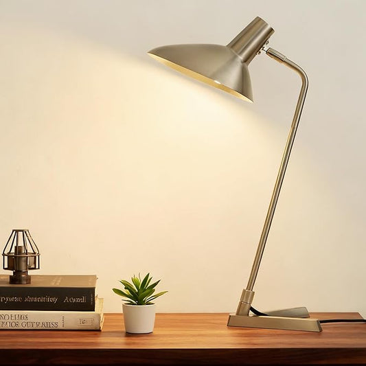 Industrial Desk Lamp Metal Modern Table Lamp 22", Adjustable Neck (4000K) with Adjustable Switch, Ideal for Office Desk Bedroom Bedside Lamps Study Room Living Room Side Table (Nickel)