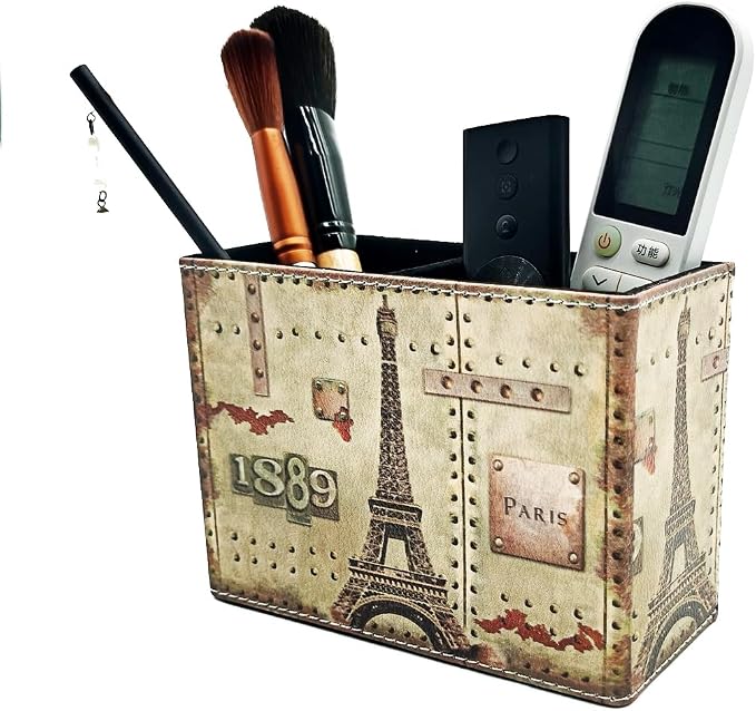 Pen Holder, Rectangle Vintage Pencil Holder with 2 Compartments, PU Leather Art Remote Control Holder Organizer Storage for Desk Accessory (1889 Tower)