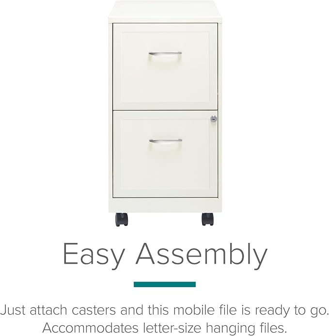 Space Solutions - 2 Drawer Fully Assembled Vertical Steel File Cabinet, Home & Small Office Use, Fits Under Most Desks, Letter-Size, Lock, Mobile, Pearl White