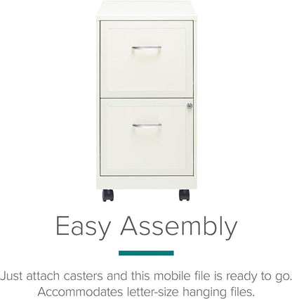 Space Solutions - 2 Drawer Fully Assembled Vertical Steel File Cabinet, Home & Small Office Use, Fits Under Most Desks, Letter-Size, Lock, Mobile, Pearl White