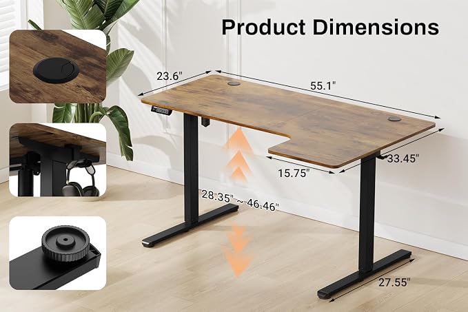 EcoZen Standing Desk Electric Height Adjustable Desk 55 x 33.5 Inches L Shaped Sit Stand up Desk, Computer Home Office Desk Memory Preset with Two-Piece Fir Wood Desktop (Vintage Brown, 55*33.5 Inch)