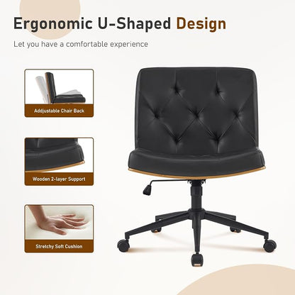 Furnimart Heavy-Duty Curved FSC Wood Desk Chair 360° Swivel, Faux Leather Criss Cross Chair with Wheels Wide Seat, Comfy Armless Cross Legged Sitting for Bedroom, Office, Vanity (PU Black)
