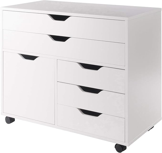 Winsome Halifax Mobile Storage Cabinet with 1 Door & 5 Drawers in White, Stylish & Functional Home Storage Cabinet for Filing, Kitchen Organization, Moveable Furniture for Office, Dorms, Apartments