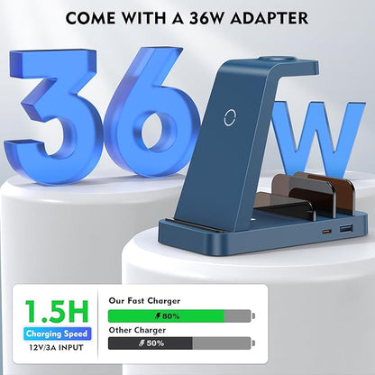 Wireless Charger for iPhone - 5 in 1 Charging Station for Multiple Devices Apple: Fast Wireless Charging Stand Dock for iPhone 17 16e 16 15 14 13 12 Pro Max Apple Watch Airpods(Blue)