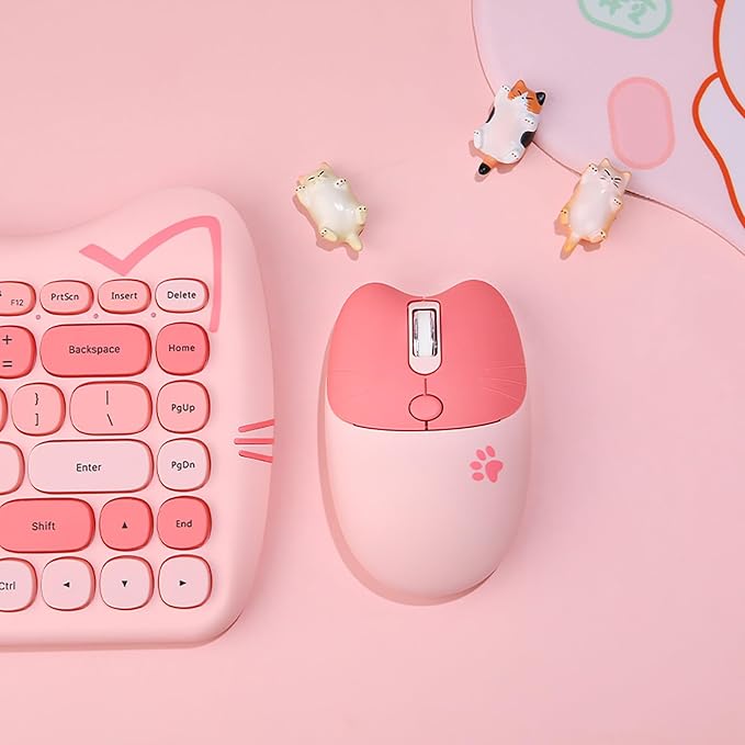 Cute Cat 2.4G USB Wireless Keyboard and Mouse Combo, Silent Keys, Candy Colors, Compatible with Notebook, PC (Pink-84Keys)
