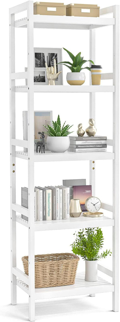 Homykic Bamboo Bookshelf, 5-Tier Narrow 55.9” Adjustable Book Shelf Bookcase Bathroom Shelves Freestanding Storage Stand for Living Room, Bedroom, Kitchen, Rust Resistance, Easy Assembly, White