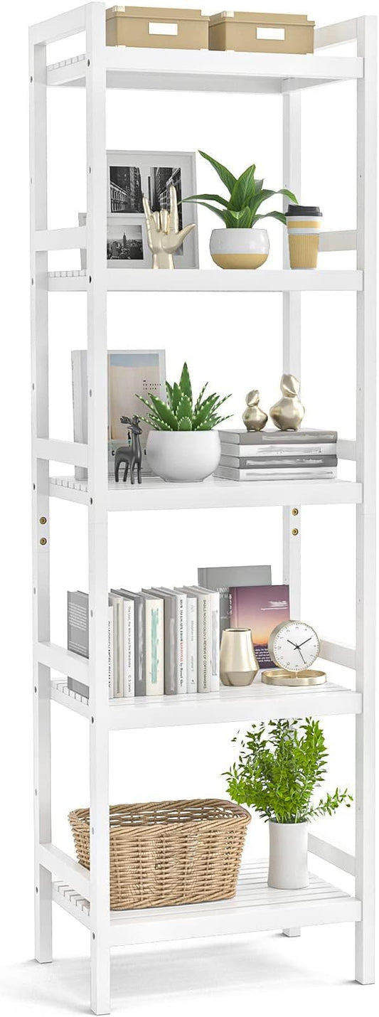 Homykic Bamboo Bookshelf, 5-Tier Narrow 55.9” Adjustable Book Shelf Bookcase Bathroom Shelves Freestanding Storage Stand for Living Room, Bedroom, Kitchen, Rust Resistance, Easy Assembly, White