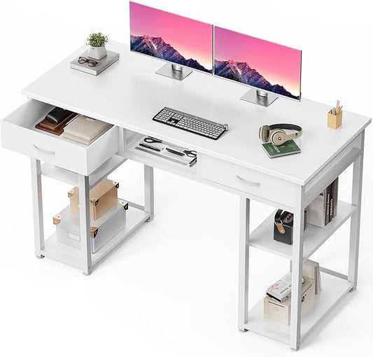 DUMOS 48" Small Computer Home Office Desk for Bedroom with Drawers, Gaming Writing Study Table with Storage Shelf, Adjustable Feet, Compact Desk for Gaming and Home Office Use, Metal Frame White