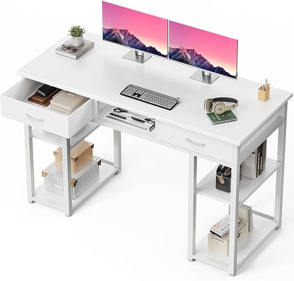 48" Small Gaming Desk with Drawers, Home Office Computer Writing Study Table with Storage Side Bag, Headphone Hook, and Adjustable Feet for Bedroom, Ivory