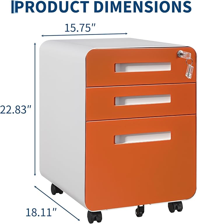 Garvee 3 Drawer File Cabinet with Lock, Under Desk Metal Mobile Filing Cabinet for Home Office, 5 Wheels Anti-Tipping Rolling File Cabinets for A4/Letter/Legal Size, Fully Assembled, Orange