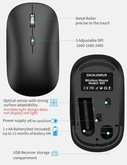 2.4G 2ireless Mouse is Suitable for Laptops PC、MacBook、Chromebook， Portable Optical Computer, Lightweight Mouse with USB Receiver, Silent Wireless Mouse, 2400 DPI, Black