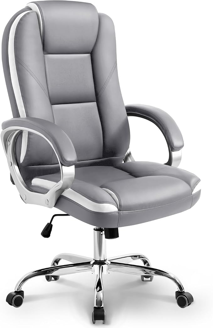 NEO CHAIR Office Desk Ergonomic Gaming Computer Chair High Back Adjustable PU Leather with Lumbar Support, Swivel Rolling Wheels, Executive Managerial Task Chair (Grey)