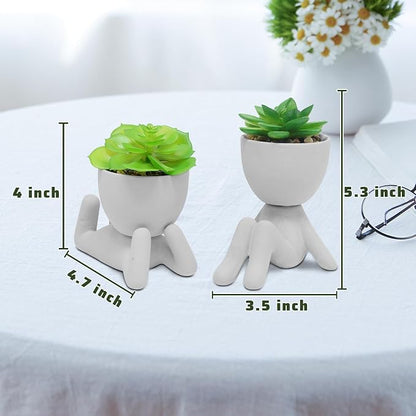 Zerzsy 2 Pack Artificial Plants Succulents with Creative Human Shaped Pots, Office Plant Cute Desk Decor for Women, Fake Succulent Decoration for Home Bathroom Shelf Decor (Grey)