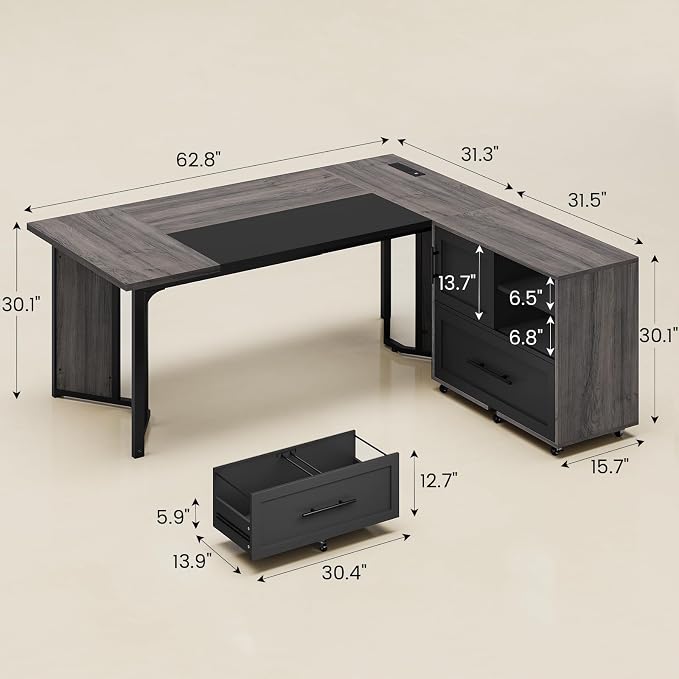 UPOSOJA 63" Executive Desk with Mobile File Cabinet, Large Office Desk with Drawer, Modern L Shaped Desk with Power Outlets, Storage Shelves, Corner Computer Desk Business Workstation Set (Grey)