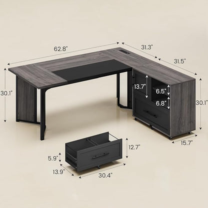UPOSOJA 63" Executive Desk with Mobile File Cabinet, Large Office Desk with Drawer, Modern L Shaped Desk with Power Outlets, Storage Shelves, Corner Computer Desk Business Workstation Set (Grey)