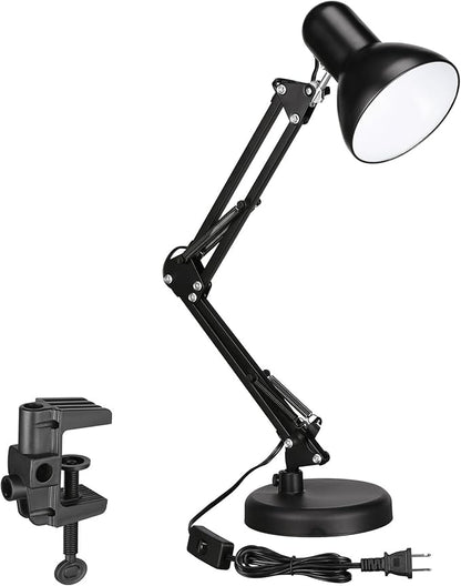 TORCHSTAR Metal Desk Lamp, Adjustable Swing Arm, E26, Black | Architect Gooseneck Multi-Joint Clip Table Lamp with Plastic Clamp, for Home Office, Work, Study, Reading, Bulbs not Included