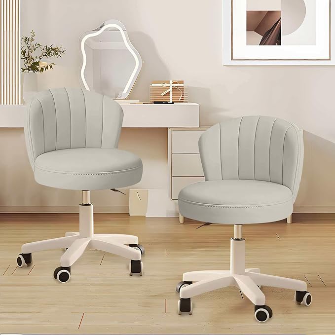 Small Desk Chair Round Rolling Chair with Back PU Leather Height Adjustable Swivel Vanity Work Computer Stool Chair for Home Office Bedroom, Set of 2