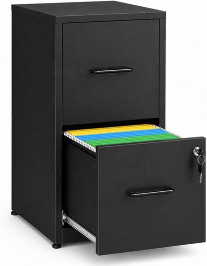 SAWJEC 2 Drawer File Cabinet with Lock, Small Metal Filing Cabinet for Home Office, Vertical Locking File Cabinet with Letter Size Hanging Files, Black, 25.6" H x 15.0" W x 17.7" D