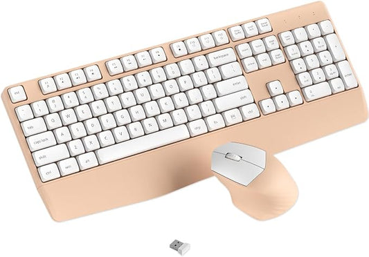 Wireless Keyboard and Mouse Combo, Ergonomic Keyboard with Wrist Rest, 2.4Ghz Wireless Connection, Compatible with PC/Laptop/Windows/Mac for Home and Office Use (White Milk Tea)