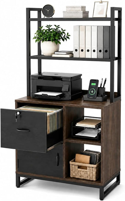 Homieasy Vertical Filing Cabinet with Lock & Charging Station, Large Drawer Wood File Cabinet with Bookshelf, Printer Stand with Open Storage Shelf, fits Letter Size for Home Office, Black and Walnut