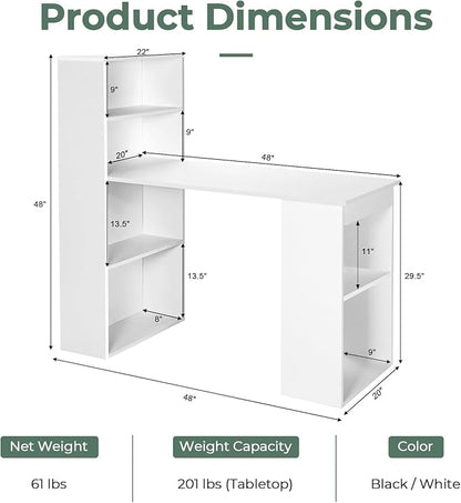 LDAILY Computer Desk with Bookshelf, 48” Modern Office Desk w/ 6-Tier Storage Shelves, CPU Stand, Wider Base, 3-in-1 Reversible Study Table, Writing Desk for Home Office, Bedroom, Study Room (White)