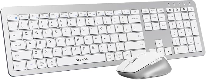 seenda Wireless Keyboard and Mouse Combo for Windows PC, Laptop, Mac, iPad, Bluetooth & 2.4G 3-Device Multi-Connection, Ultra Slim Full Size Quiet Keyboard, Adjustable DPI Mouse, Silver