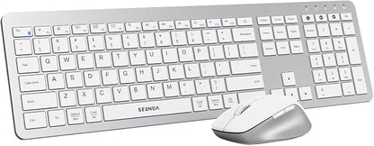 seenda Wireless Keyboard and Mouse Combo for Windows PC, Laptop, Mac, iPad, Bluetooth & 2.4G 3-Device Multi-Connection, Ultra Slim Full Size Quiet Keyboard, Adjustable DPI Mouse, Silver