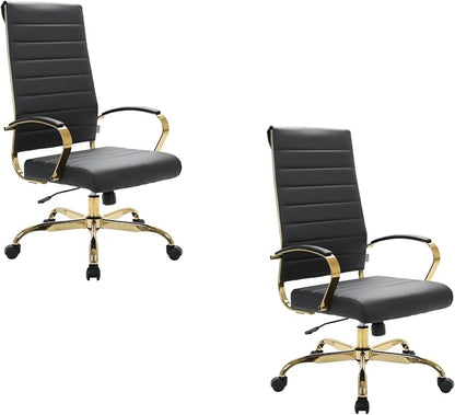 LeisureMod Modern High-Back Leather Office Chair - Swivel & Adjustable Executive Desk Chair with Gold Frame, Ergonomic Design for Home & Office (Black, Set of 2)