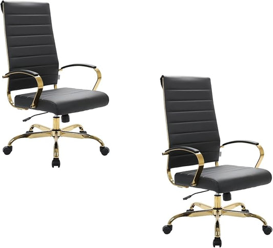 LeisureMod Modern High-Back Leather Office Chair - Swivel & Adjustable Executive Desk Chair with Gold Frame, Ergonomic Design for Home & Office (Black, Set of 2)