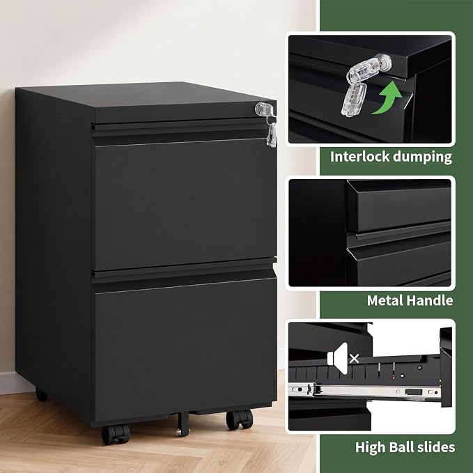 2 Drawer File Cabinet with Lock,Rolling Filing Cabinet with Wheels for Home Office,Under Desk Metal File Cabinet,Office Storage Organizer,Black