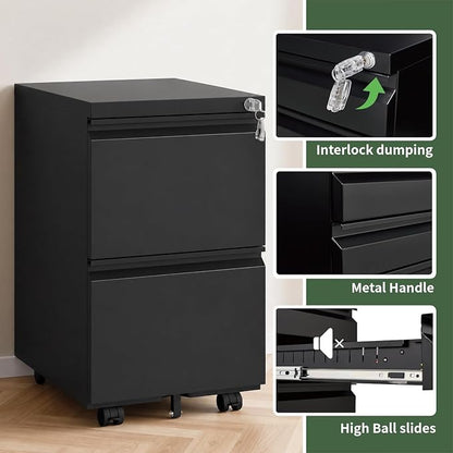 2 Drawer File Cabinet with Lock,Rolling Filing Cabinet with Wheels for Home Office,Under Desk Metal File Cabinet,Office Storage Organizer,Black