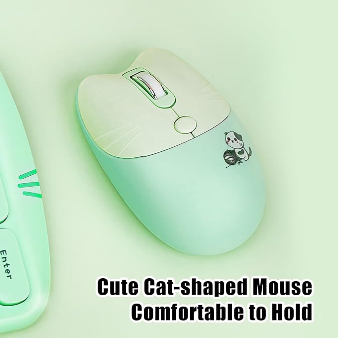 Cute Cat 2.4G USB Wireless Keyboard and Mouse Combo, Silent Keys, Candy Colors, Compatible with Notebook, PC (Green-110Keys)