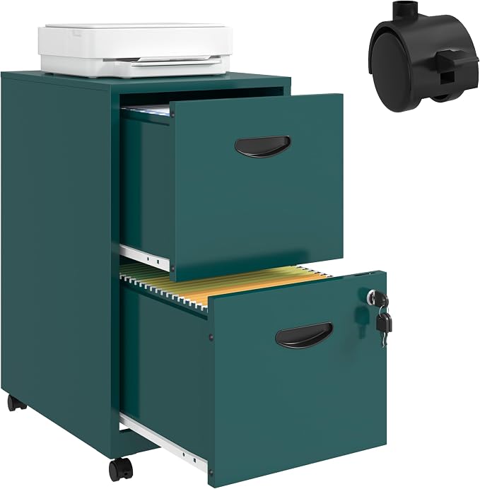 UNICOLY 2 Drawer File Cabinet with Lock, Filing Cabinets with Wheels, Rolling File Cabinets for Home Office, Metal Office File Cabinet, Mobile Filing Cabinet for Holding Letters and File Boxes, Green