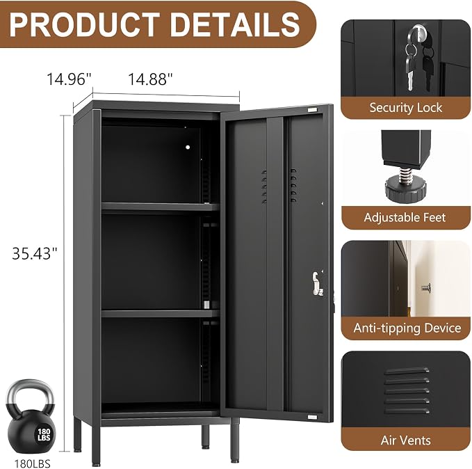 pozdeg 35.43" Metal Storage Locker with Lockable, Metal Steel Locker for Employees with 1 Door ＆ 2 Adjustable Shelves, Small Locker Storage Cabinets for Home, School, Office, Gym (Black)