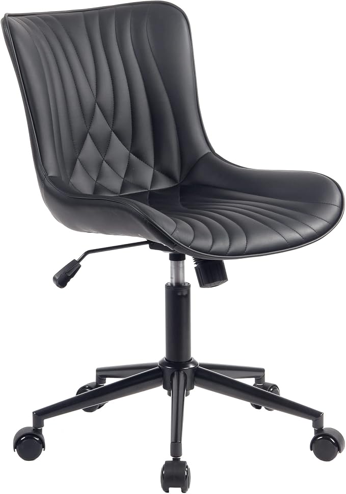 YOUTASTE Black Modern Office Chair, Armless Swivel PU Leather Desk Chair with Wheels, Height Adjustable Rolling Computer Chair with Metal Legs for Bedroom, Home Office, Study, or Vanity