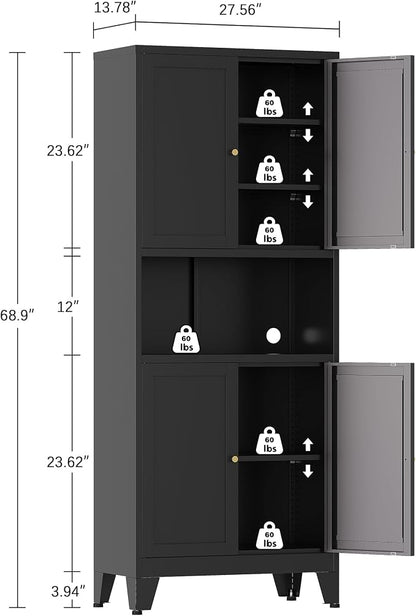 Metal Storage Cabinet, 69" Tall Bathroom Cabinets with 4 Doors & 3 Adjustable Shelves Large Cupboard, Black Metal Pantry Cabinets for Kitchen, Home Office, Garage, Warehouse